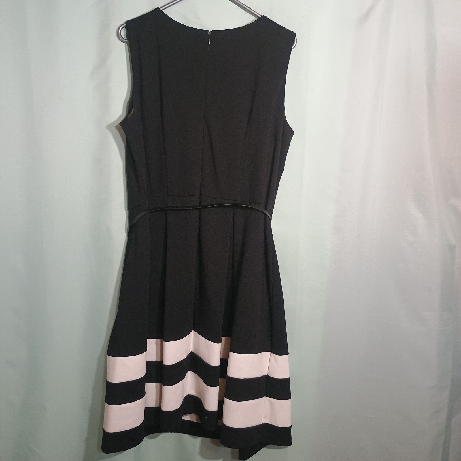 Women’s Black Fit & Flare Dress White Stripe Hem Sleeveless Belted Career Dress — image 4 of 4